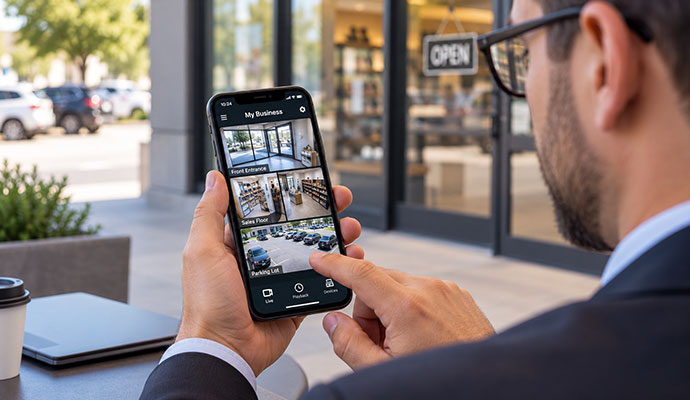 User monitoring live business security camera feeds on a smartphone