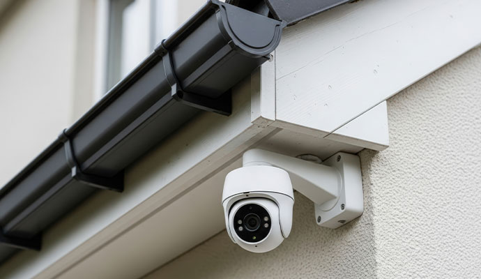Outdoor security camera mounted beneath the roofline on a residential home exterior