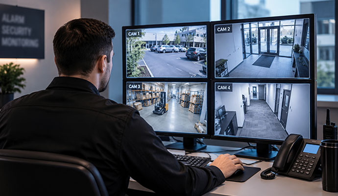 Security operator monitoring four CCTV surveillance camera feeds on display screens