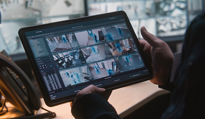 Person using a tablet to monitor multiple cameras for security