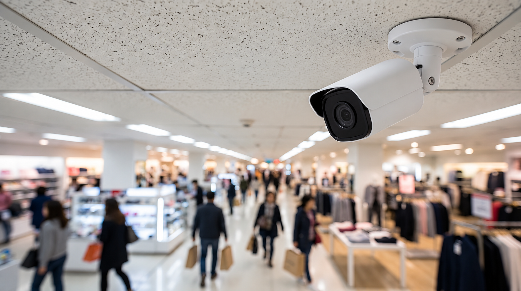 Ceiling security camera monitoring customers in a retail store