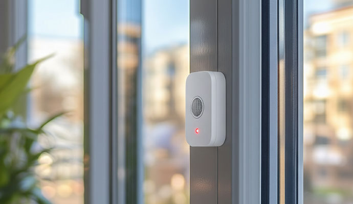 Electronic glass break detector alarm sensor mounted on a commercial window frame