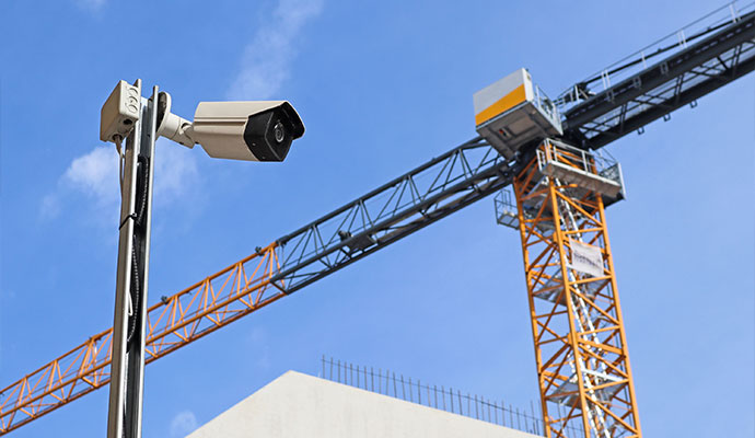 Outdoor security camera monitoring a construction job site with tower crane