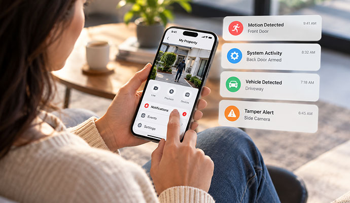 Woman using a mobile app to show event notifications and real-time alerts on a smartphone