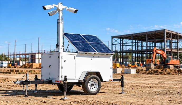 Solar-powered mobile surveillance security trailer stationed at a construction site