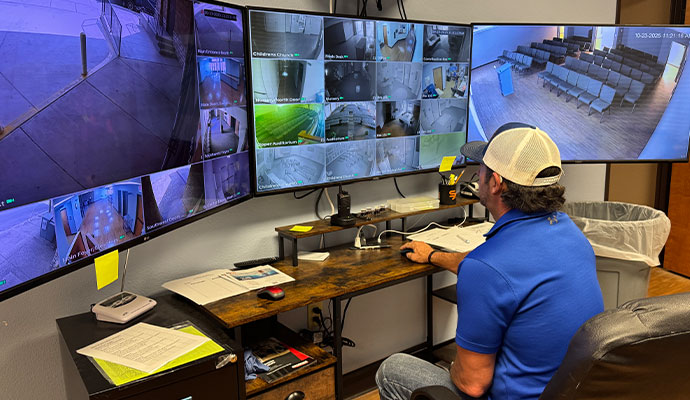 Person monitoring live 24/7 video surveillance feeds across multiple screens