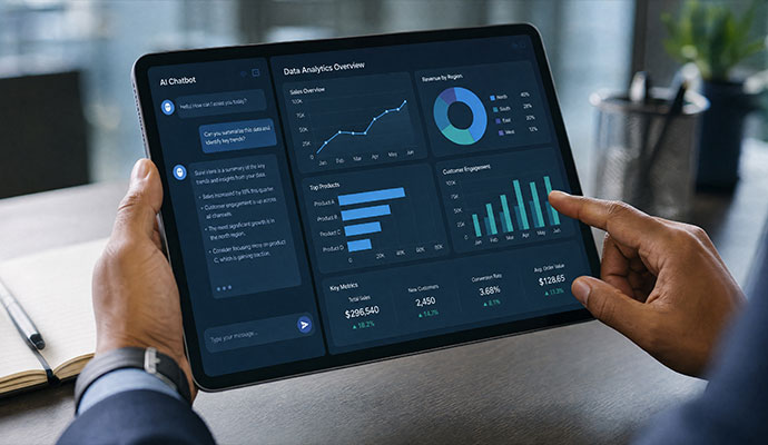 Business manager viewing smart business reporting and analytics on a tablet