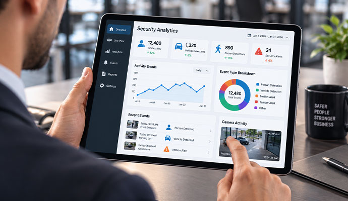 Person using a tablet to view business security analytics dashboard