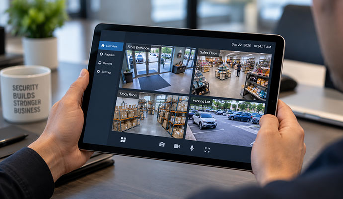 Person using a tablet to monitor business security camera feeds including stockroom inventory and store areas