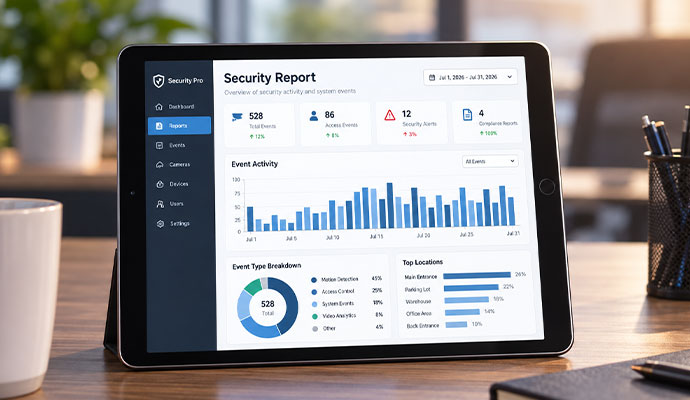 Tablet displaying an organized security report dashboard with event activity and compliance data