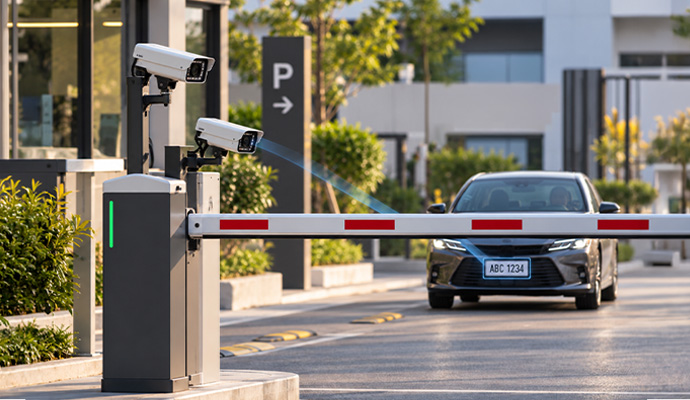 An outdoor commercial entrance featuring two LPR cameras
