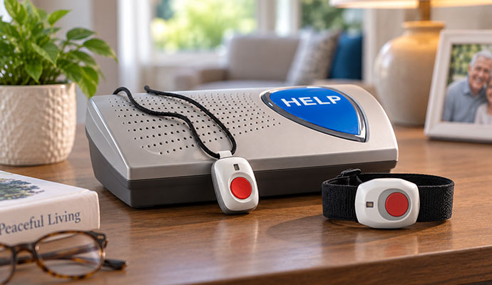 Medical alert system base station with emergency pendant and wristband buttons
