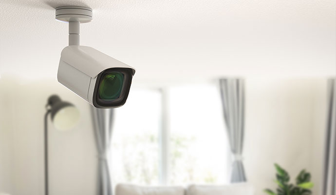 Indoor security camera mounted on the ceiling of a residential living room