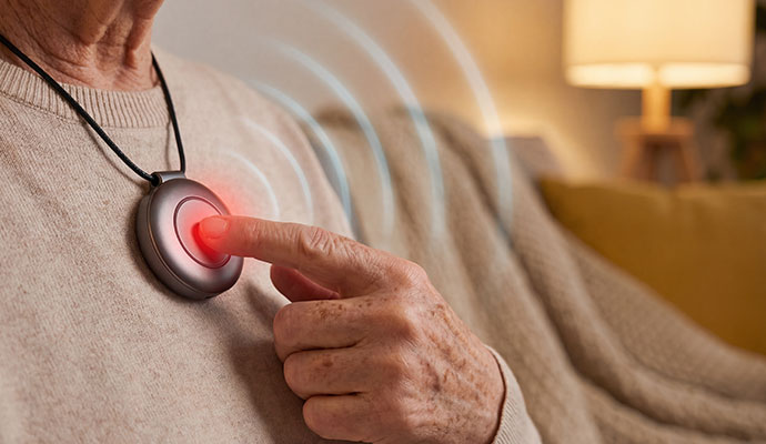 Senior pressing a wearable medical alert emergency pendant button