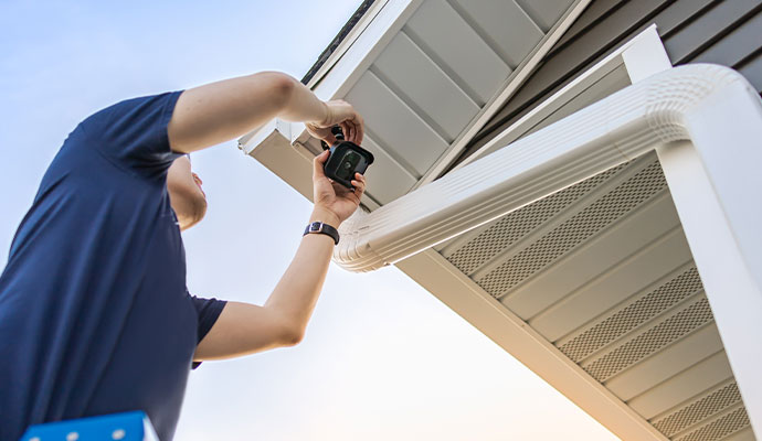 Technician installing an outdoor security camera under a roof soffit