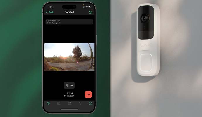 Smart video doorbell camera mounted next to a mobile app displaying live video feed