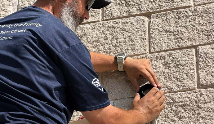 Technician installing an outdoor security camera on an exterior brick wall