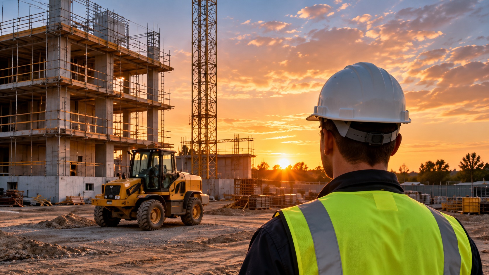 Construction job site at sunset