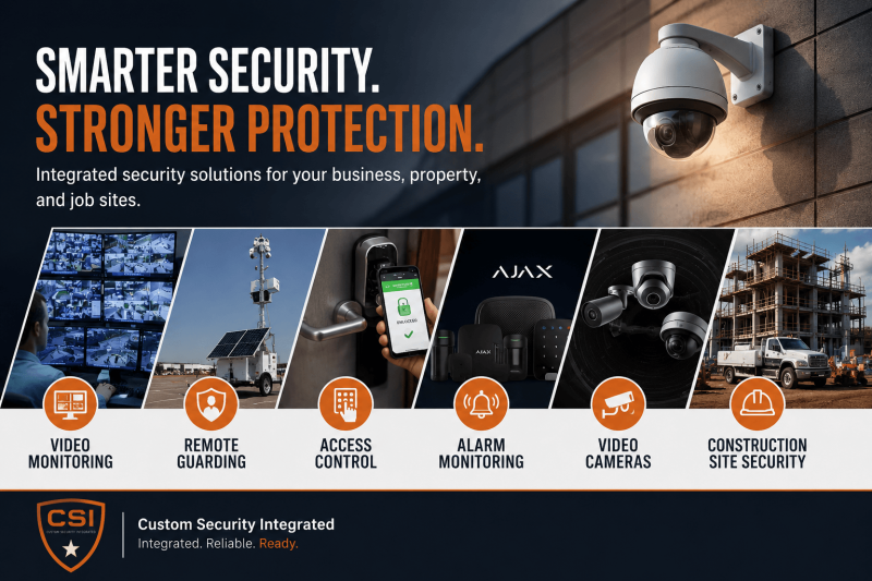 Video monitoring, remote guarding, access control, alarm monitoring, video cameras, construction site security