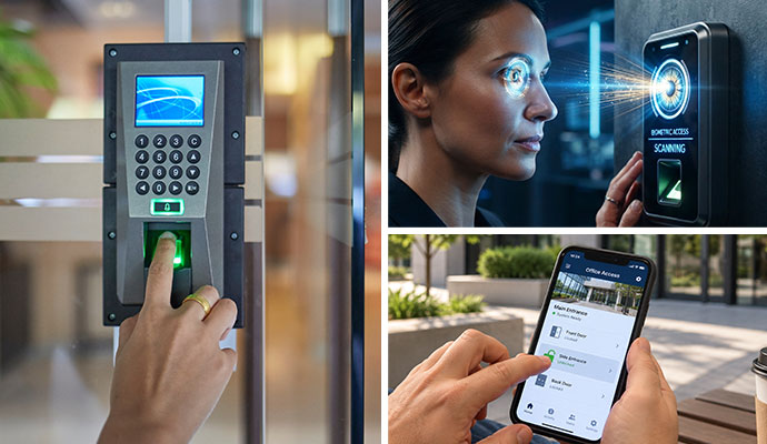 Access control systems featuring fingerprint reader, retina scan, and mobile phone door unlock.