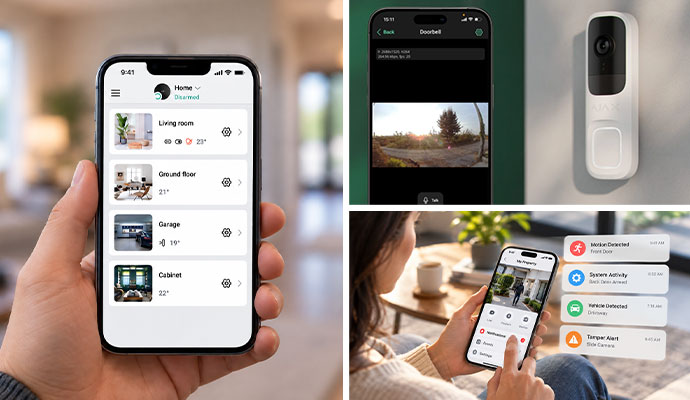 Collage of home monitoring, video doorbell feed, and smart alerts on a mobile app