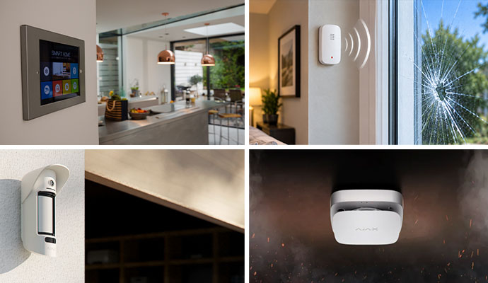 Collage of multiple burglar alarm devices including smart control panel, glass break sensor, motion, and smoke alarm detector