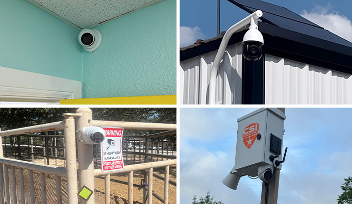 Collage of multiple security cameras installed on commercial and residential properties