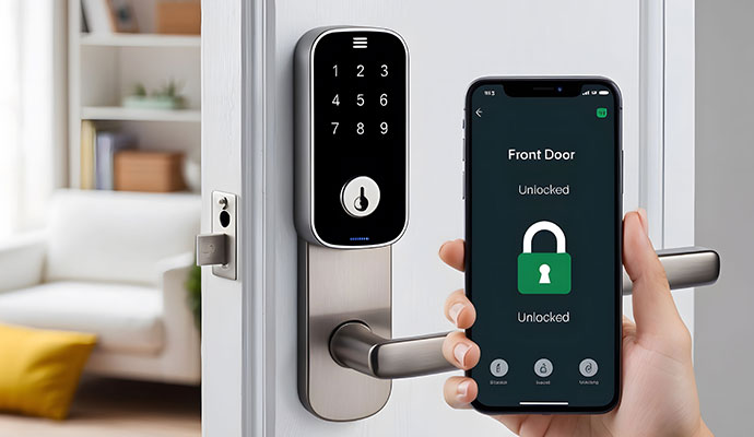 Person using a mobile app to unlock a keypad smart door lock