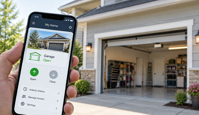 Person using a smartphone to control an automated smart garage door opener