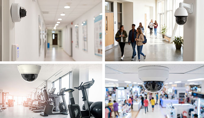 Security cameras installed across various industries including healthcare, schools, gyms, and retail stores