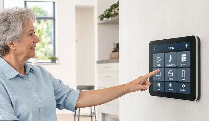 Senior woman using interactive home security panel to manage settings and receive alerts