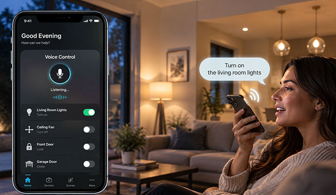 Woman managing smart home lights using voice control on a smartphone