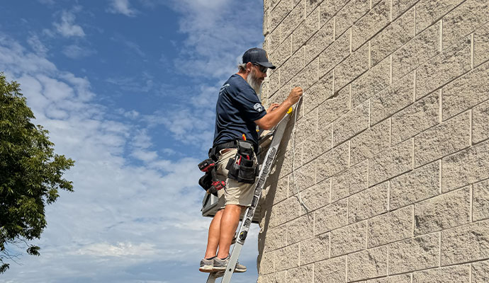 Technician on a ladder installing business security camera