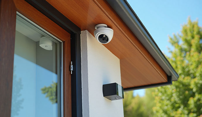 White dome security camera on a home